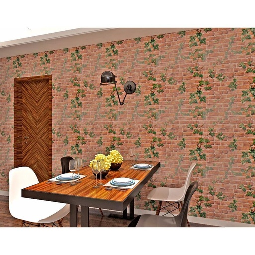 Green Leaf Stem with Brick Pattern Wallpaper
