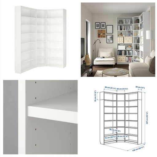BILLY bookcase corner comb w ext units white 136/136x28x237 cm